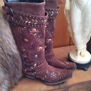 Double D Ranch Brown Suede Embroidered Knee Boots with Studs Old Gringo Size 9